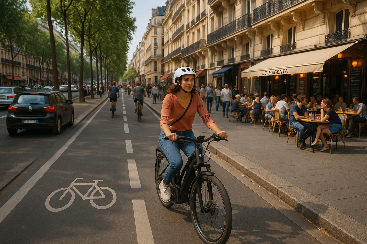 ok. mais faire circuler la cycliste sur une piste cyclable. Mettre de la vie autour sur l'image. Exemple, intégrer des voitures, des piétons, des autres vélos, des terrasses de café parisien, pour rendre l'image plus réaliste